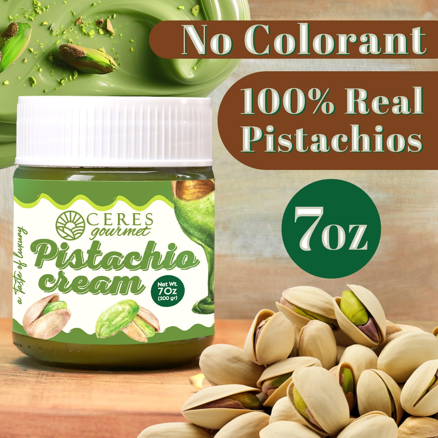 Ceres Gourmet Pistachio Cream Spread – 30% Real Pistacchio Butter, Premium Crema de Pistacho, Glass Jar, Smooth Gluten-Free Pistachio for Desserts & Breakfast, 7 oz